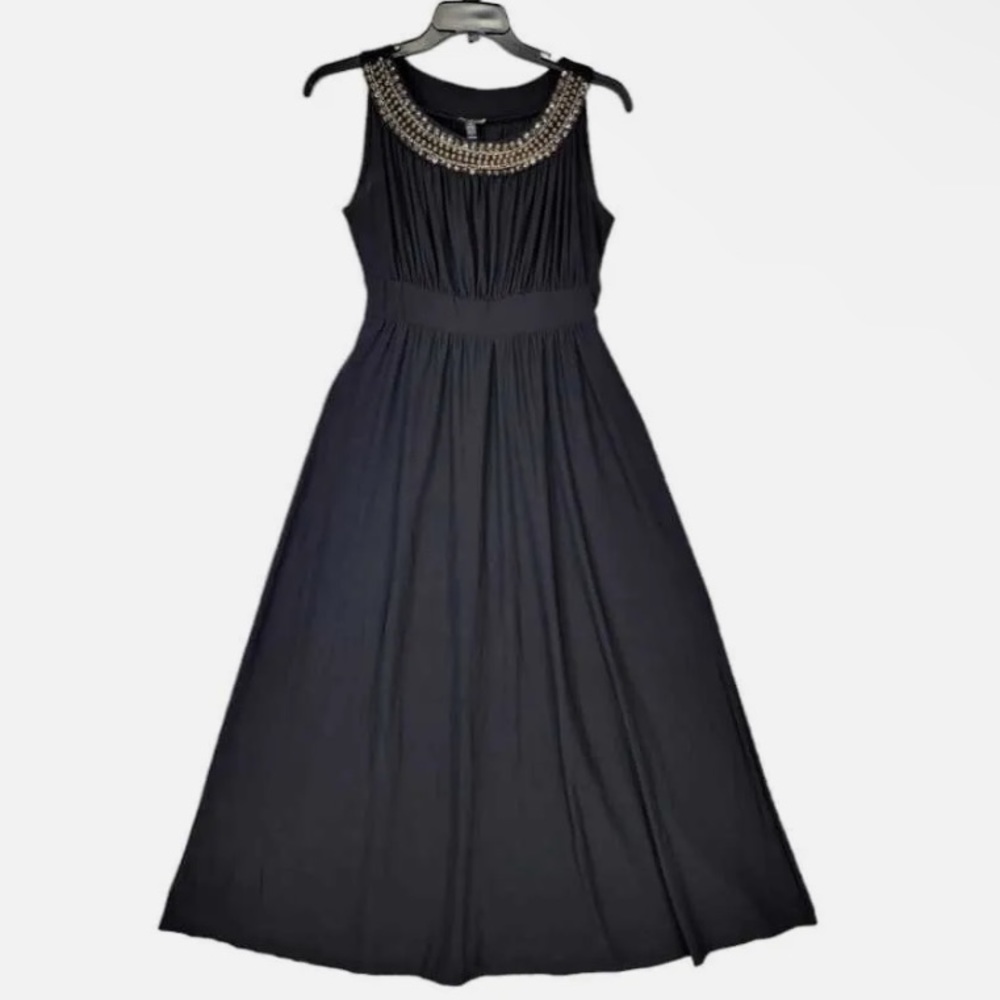 Haani Womens Black Size Large Beaded Scoopneck Fit & Flare Long Dress Stretch